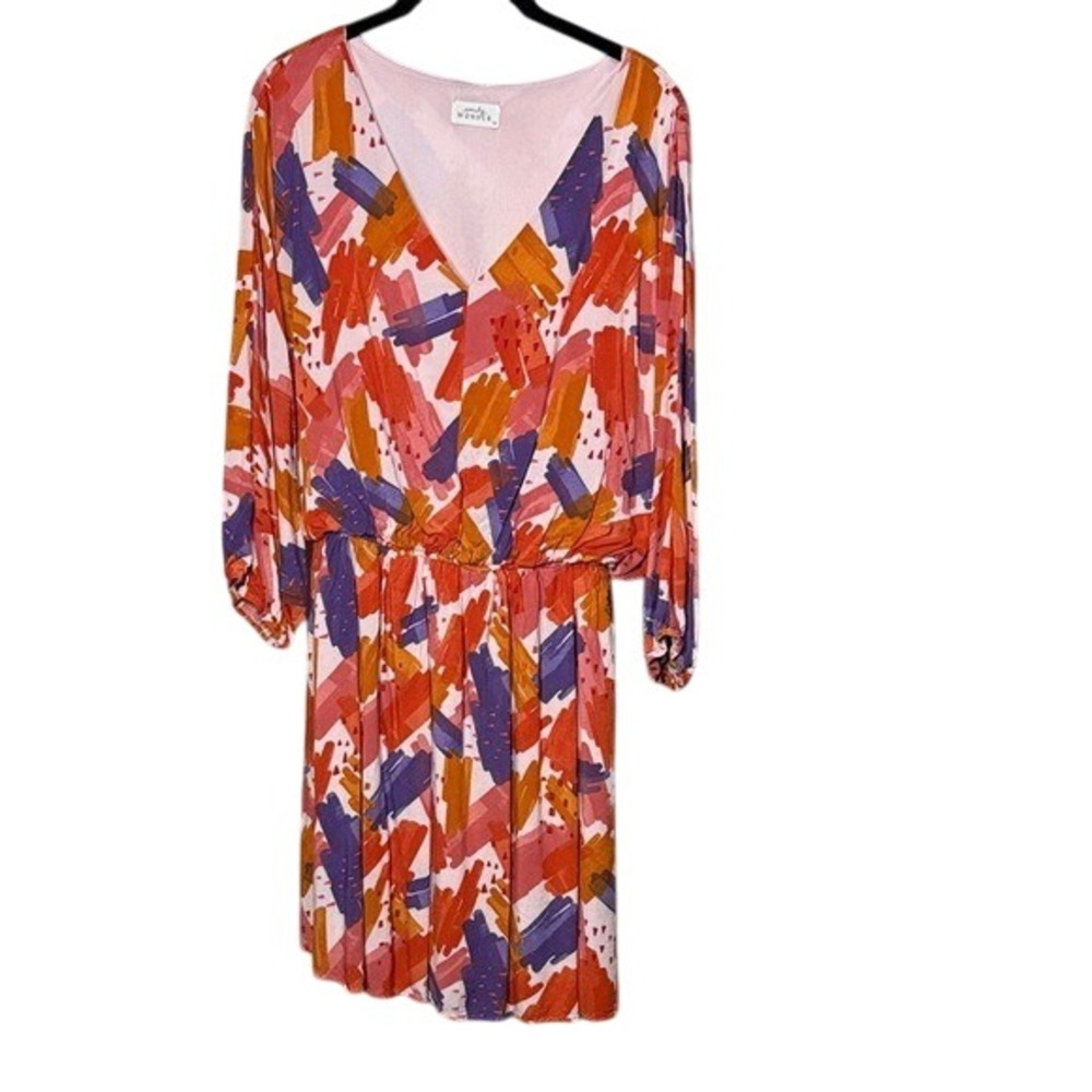 Emily Wonder 1X Dress‎ Multicolor Brushstroke Print V Neck Long Sleeve